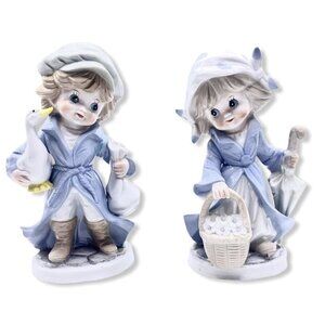 Arnart KPM Figurines Set of 2 Country Children Goose Basket Umbrella Porcelain